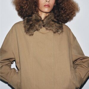 Zara Tan Utility Jacket with Faux Fur Collar